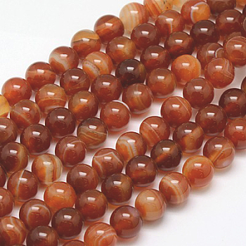Natural Striped Agate/Banded Agate Beads Strands, Dyed, Round, FireBrick, 10mm, Hole: 1mm, about 38pcs/strand, 15 inch