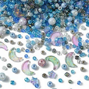 DIY Moon & Star Jewelry Making Findings Kits, Including Glass Beads & Charm, Acrylic Beads, Blue, 4mm, Hole: 1.5mm