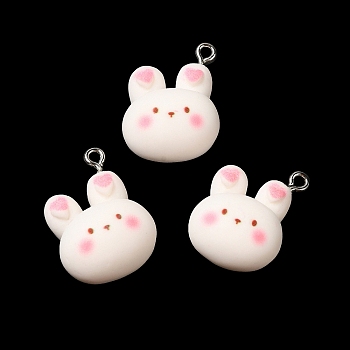 Cartoon Opaque Resin Pendants, Rabbit Charms with Platinum Plated Zinc Alloy Loops, Mint Cream, 23x18x10mm, Hole: 2mm