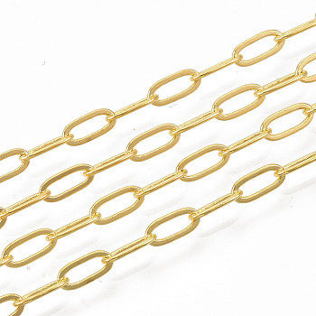 Brass Paperclip Chains, Flat Oval, Drawn Elongated Cable Chains, Soldered, Long-Lasting Plated, with Spool, Cadmium Free & Nickel Free & Lead Free, Golden, 7.6x2.6x0.5mm, about 16.4 Feet(5m)/roll