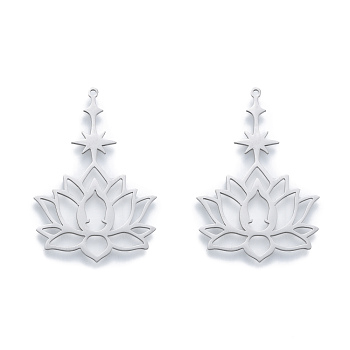 201 Stainless Steel Pendants, Lotus with Star, Stainless Steel Color, 44x30x1mm, Hole: 1.4mm