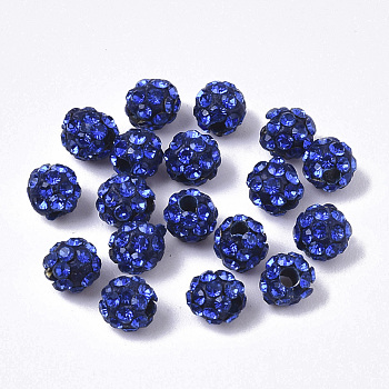 Pave Disco Ball Beads, Polymer Clay Pave Rhinestone Beads, Round, Half Drilled, Sapphire, PP15(2.1~2.2mm), 6 Rows Rhinestone, 4.5mm, Half Hole: 1.2mm