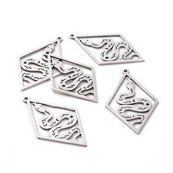 201 Stainless Steel Pendants, Laser Cut, Rhombus with Snake, Stainless Steel Color, 41.5x25x1mm, Hole: 1.5mm