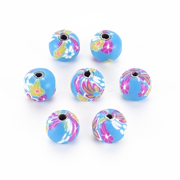 Handmade Polymer Clay Beads, for DIY Jewelry Crafts Supplies, Round, Deep Sky Blue, 8~9x8mm, Hole: 1.8mm