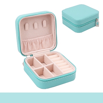 Square PU Leather Jewelry Set Box, Travel Portable Jewelry Case, Zipper Storage Boxes, for Necklaces, Rings, Earrings and Pendants, Medium Turquoise, 10x10x5cm