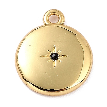 Brass Micro Pave Cubic Zirconia Charms, Long-Lasting Plated, Real 18K Gold Plated, Flat Round with Star, Black, 12x10x2mm, Hole: 1.2mm
