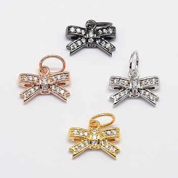 CZ Brass Micro Pave Cubic Zirconia Bowknot Bow Charms, Mixed Color, 9x13x3mm, Jump Ring: 6x0.8mm