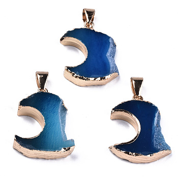 Natural Agate Pendants, Edge Light Gold Plated, with Iron Bails, Dyed, Marine Blue, 24~29x17~20x5~7mm, Hole: 4x7mm