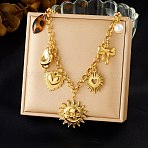 304 Stainless Steel & Resin & Imitation Pearl Multi-Pendant Bib Necklaces for Women, Golden, Sun, 17.91 inch(45.5cm)(SA-CBA717A-04G)