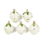 Handmade Porcelain Pendants, Strawberry Charms, with Brass Loops, Hand Painted, Famille Rose Porcelain, Golden, Honeydew, 18~20x13~15mm, Hole: 1.6mm(PORC-N013-13B-01)