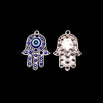 Alloy Rhinestone Pendants, with Resin Beads, Hamsa Hand with Evil Eye Charms, Antique Silver, Sapphire, 38x27.5x6mm, Hole: 2.2mm(RB-WH0003-06)