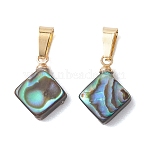 Abalone Shell/Paua Shell Pendants, with 304 Stainless Steel Finding, Rhombus Charms, Golden, 14~14.5x11x3.5mm, Hole: 6x3mm(PALLOY-JF05264)