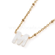 (Jewelry Parties Factory Sale)Natural Shell Initial Pendant Necklaces, with Golden Plated 304 Stainless Steel Satellite Chains, White, Letter.M, 16.14 inch(41cm), Letter M: 9.5x9x2.5mm(NJEW-JN03298-02)