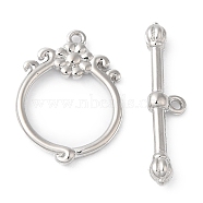 Brass Toggle Clasps, Ring with Flower, Real Platinum Plated, Ring: 18.5x13x2mm, Hole: 1mm, Bar: 22x5x3mm, Hole: 1mm(KK-P234-70P)