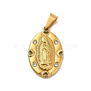 Vacuum Plating 304 Stainless Steel Pendants, with Rhinestone, Oval with Virgin Mary, Golden, 24.5x16x3mm, Hole: 7x3.5mm(STAS-H173-01G)