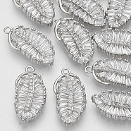 Brass Pendants, with Micro Pave Cubic Zirconia, Leaf, Clear, Platinum, 21.5x10x3mm, Hole: 1.4mm(ZIRC-S065-001)