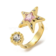 Pink Cubic Zirconia Star Open Cuff Ring, 304 Stainless Steel Finger Ring, Golden, US Size 5(15.7mm)(RJEW-D022-01G)
