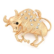 Golden Zinc Alloy with Rhinestone Brooches, Twelve Constellations, Taurus, 41x52x10mm(JEWB-B018-03G-02)