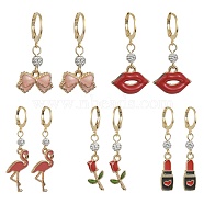 Alloy Enamel & Polymer Clay Rhinestone Beaded Dangle Leverback Earrings, Valentine's Day Theme Drop Earrings with 304 Stainless Steel Pins, Mixed Shapes, 32~48x7~18mm(EJEW-JE05356)