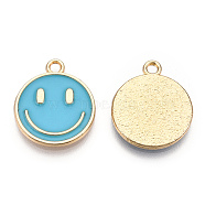 Light Gold Tone Alloy Enamel Pendants, Flat Round with Smiling Face Charms, Deep Sky Blue, 19x16x1.5mm, Hole: 1.8mm(ENAM-N056-197D)