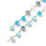 Handmade Electroplate Glass Faceted Rondelle Beaded Chains, with Iron Eye Pins, Unwelded, Light Sky Blue, 13.5x8mm, about 3.28 Feet(1m)/Box(AJEW-SZ0002-41A)