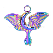Stainless Steel Pendants, Moon with Butterfly Charms, Rainbow Color, 24x25x2mm, Hole: 2.5mm(FIND-PW0011-054MC)