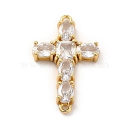 Eco-Friendly Rack Plating Brass Pave Clear Cubic Zirconia Connector Charms, Lead Free & Cadmium Free, Long-Lasting Plated, Religion Cross Links, Real 18K Gold Plated, 28x18x4mm, Hole: 1.4mm(KK-F847-02G)