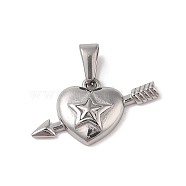 304 Stainless Steel Pendants, One Arrow Tthrough the Heart Charm, Stainless Steel Color, 14.5x24.5x4mm, Hole: 6x3mm(STAS-R232-09P)