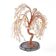 Natural Yellow Quartz Tree Display Decoration, Agate Slice Base Feng Shui Ornament for Wealth, Luck, Rose Gold Brass Wires Wrapped, 64~95x75~125x140~170mm(DJEW-G027-20RG-08)