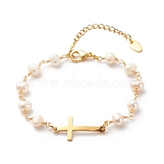 201 Stainless Steel Cross Link Bracelet with Natural Pearl Beaded Chains for Women, Golden, 7-1/8 inch(18cm)(BJEW-JB08543)