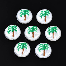 3D Printed ABS Plastic Imitation Pearl Beads, Flat Round with Coconut Tree, Green, 12x5mm, Hole: 1.5mm(KY-S168-009A)
