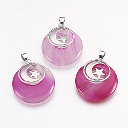 Natural Banded Agate Pendants, with Platinum Tone Brass Findings, Flat Round with Moon and Star, Dyed & Heated, 32x28x7mm, Hole: 4x5mm(KK-F751-F22)