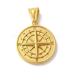 304 Stainless Steel Pendants, Flat Round with Compass Charm, Golden, 29x25.5x5mm, Hole: 8.5x4mm(STAS-B073-04G)