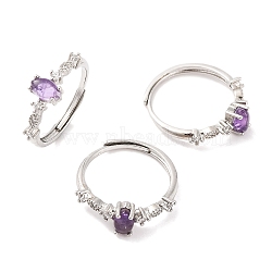 Horse Eye Natural Amethyst Adjustable Rings, Brass Clear Cubic Zirconia Ring for Women, Long-Lasting Plated, Lead Free & Cadmium Free, Platinum, Inner Diameter: 19mm(RJEW-Q817-02P-02)