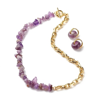 Natural Amethyst Chip Beads Jewelry Set, Gemstone Beaded Necklace and Drop Huggie Hoop Earrings for Women, Light Gold, 16.73 inch(42.5cm), 20mm, Pin: 1mm
