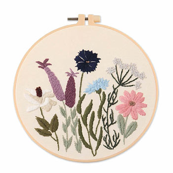 DIY Embroidery Kits, Including Printed Cotton Fabric, Embroidery Thread & Needles, Imitation Bamboo Embroidery Hoops, Flower Pattern, 200mm