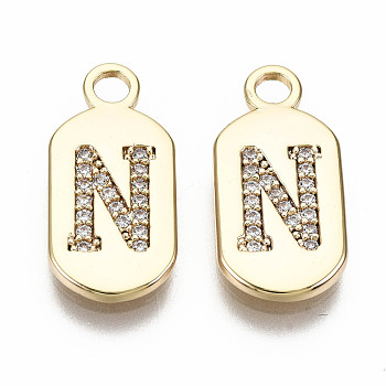 Brass Micro Pave Clear Cubic Zirconia Pendants, Nickel Free, Real 18K Gold Plated, Oval with Word, Letter.N, 16x7.5x1.5mm, Hole: 1.8mm