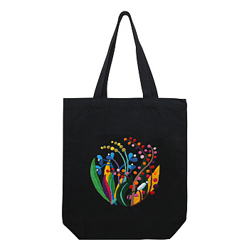 DIY Flower Pattern Black Canvas Tote Bag Embroidery Kit, including Embroidery Needles & Thread, Cotton Fabric, Plastic Embroidery Hoop, Colorful, 390x340x100mm