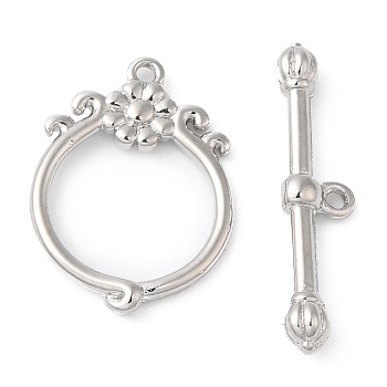 Brass Toggle Clasps, Ring with Flower, Real Platinum Plated, Ring: 18.5x13x2mm, Hole: 1mm, Bar: 22x5x3mm, Hole: 1mm
