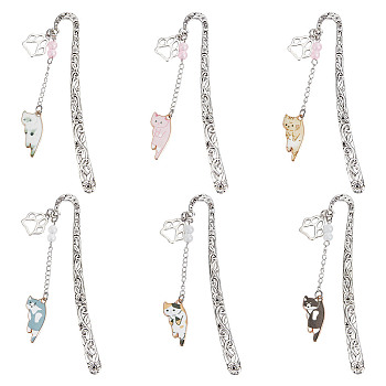 6Pcs Alloy Cat Shape Bookmark, with Alloy Enamel Pendant and Glass Beads, Mixed Color, 122mm, 6pcs/set