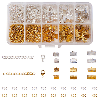 SUNNYCLUE DIY Jewelry Kits, with Iron Ribbon Ends & Chain Extender & Jump Rings, Zinc Alloy Lobster Claw Clasps and Plastic Box, Golden & Silver, 13.5x7x3cm, about 440pcs/box