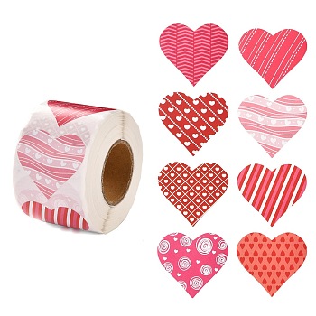 Valentine's Day Theme Paper Gift Tag Stickers, 8 Style Heart Shape Adhesive Labels Roll Stickers, for Party, Decorative Presents, Colorful, 4.1cm, about 500pcs/roll