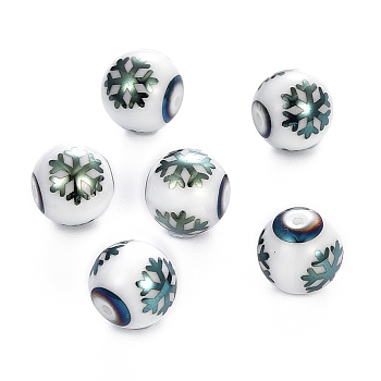 Christmas Opaque Glass Beads, Round with Electroplate Snowflake Pattern, Green Plated, 10mm, Hole: 1.2mm