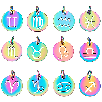 12Pcs Rainbow Color Ion Plating(IP) 201 Stainless Steel Charms, with Jump Rings, Flat Round with Constellation/Zodiac Sign, 12 Constellations, 12x1mm, Jump Ring: 5x0.8mm, Inner Diameter: 3mm, 12pcs