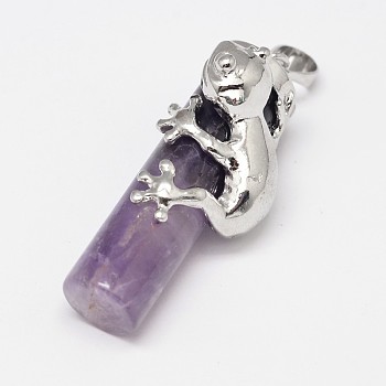 Column Natural Amethyst Pendants, with Platinum Tone Lizard Alloy Findings, 41x14x16mm, Hole: 7x5mm