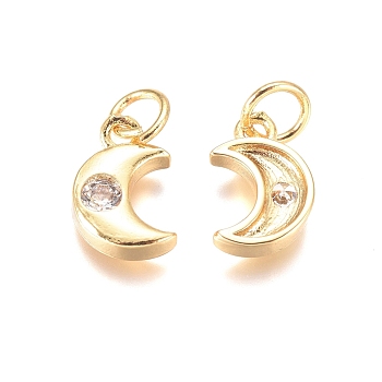 Brass Charms, with Cubic Zirconia and Jump Rings, Heart, Clear, Golden, 10.5x7x2mm, Hole: 3mm