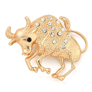 Golden Zinc Alloy with Rhinestone Brooches, Twelve Constellations, Taurus, 41x52x10mm