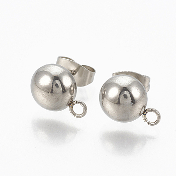 201 Stainless Steel Stud Earring Findings, with Loop and 304 Stainless Steel Pins, Dome/Half Round, Stainless Steel Color, 9x6mm, Hole: 1.5mm, Pin: 0.8mm