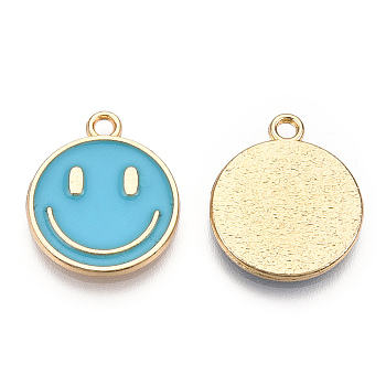 Light Gold Tone Alloy Enamel Pendants, Flat Round with Smiling Face Charms, Deep Sky Blue, 19x16x1.5mm, Hole: 1.8mm