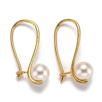 Brass Hoop Earrings, Kidney Wire Earrings, with Shell Pearl Beads, Round, White, Real 18K Gold Plated, 31.5x17x1mm, Pin: 1mm